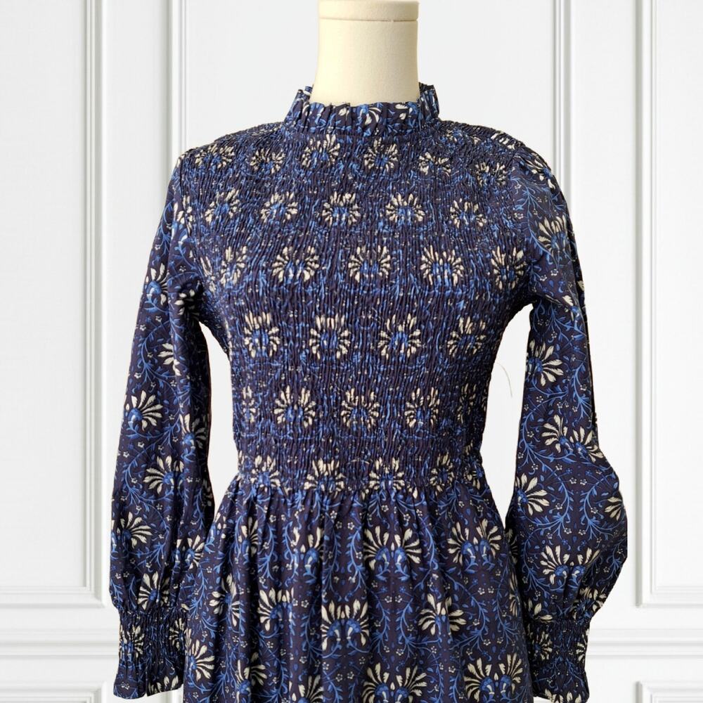 Pink City Prints Isabel Smocked Tiered Maxi Dress Small Midnight Vine Blue - Picture 3 of 10